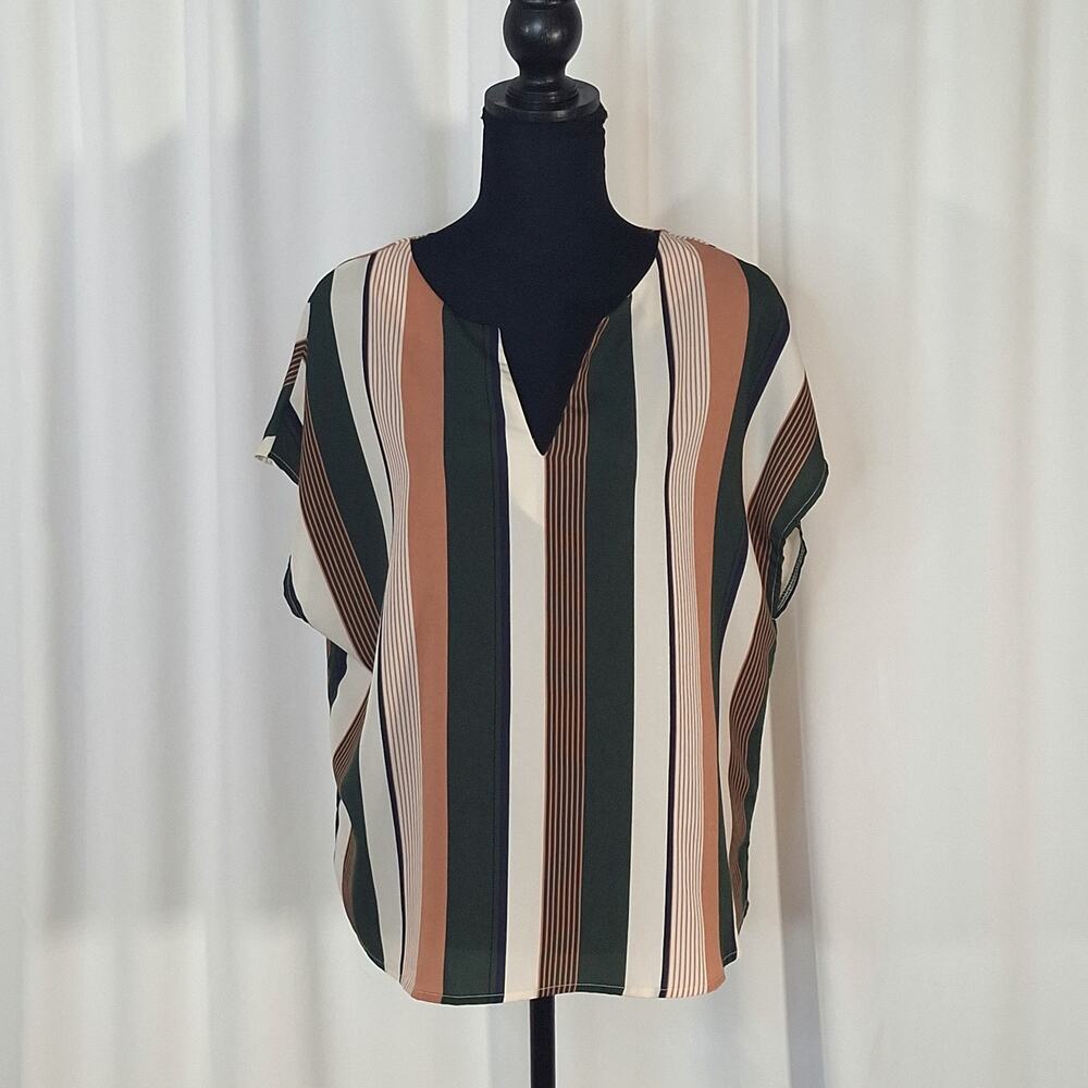 Emery Rose Blouse Women's Large Green Cream Stripe V-Neck Short Sleeve Office